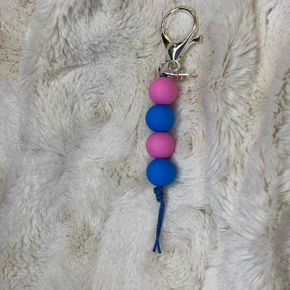 Handmade 15mm silicone bead keychain or zipper pull. Pink and blue